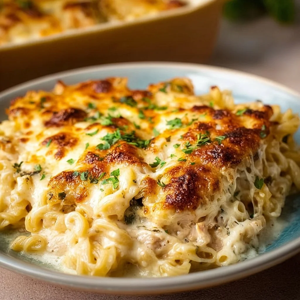 Creamy Alfredo Bake topped with cheese and herbs, ready to serve.