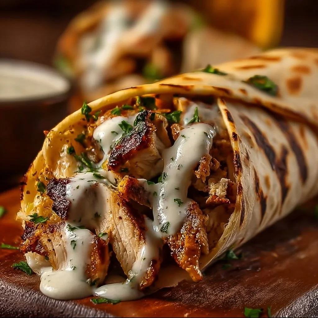 Delicious Chicken Shawarma topped with creamy garlic sauce