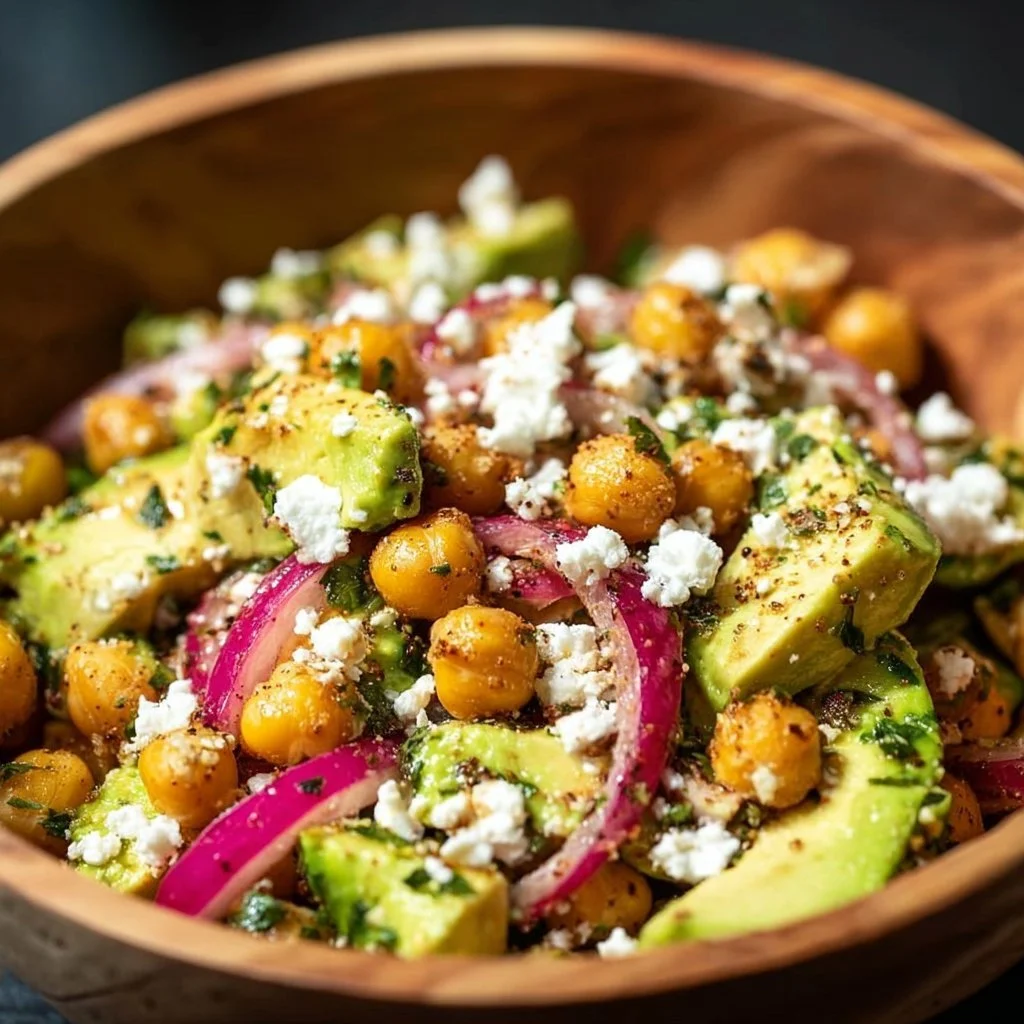 Chickpea Feta Avocado Salad with vibrant vegetables and a drizzle of dressing.