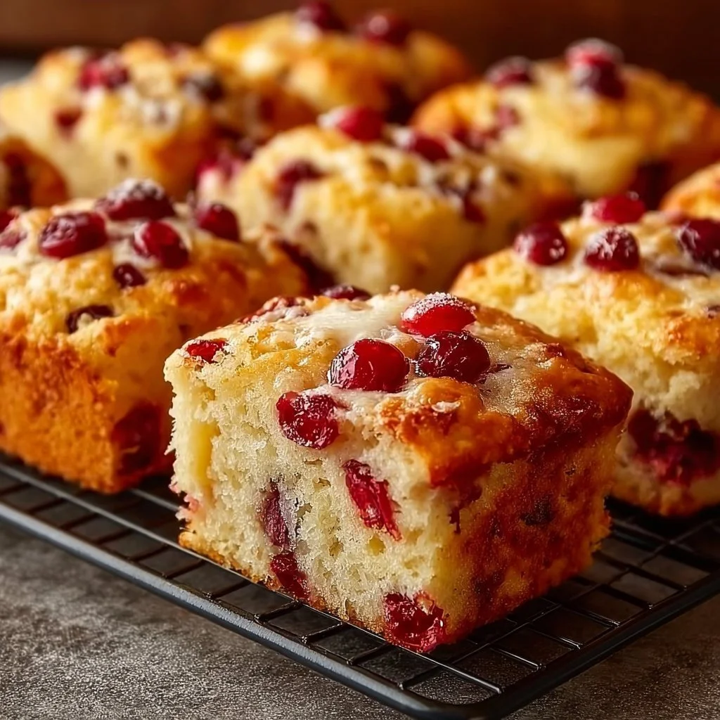 Cranberry Orange Soft Morning Muffin Squares on a plate with fresh cranberries