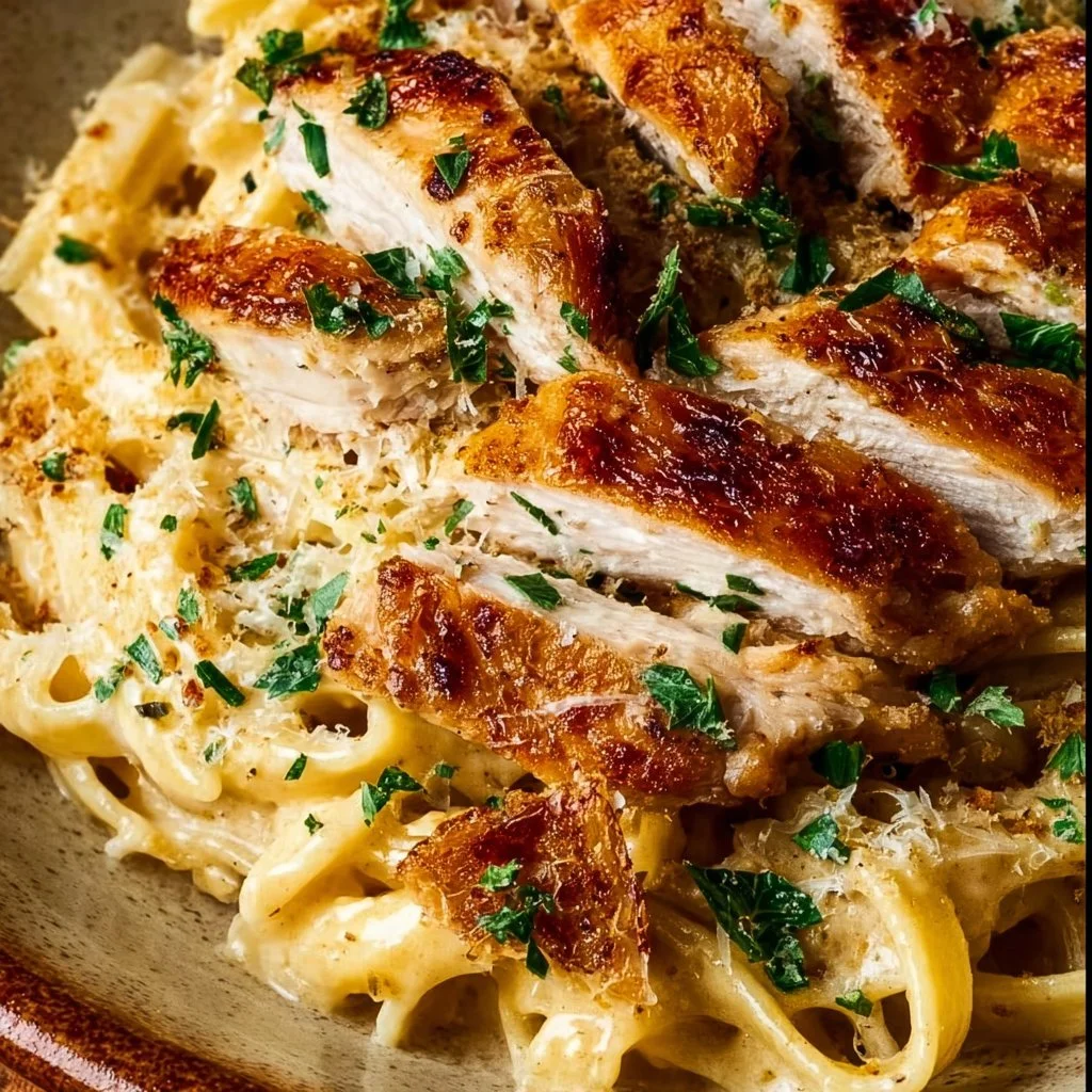Delicious creamy garlic chicken pasta garnished with herbs.