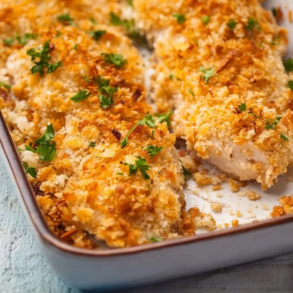 Creamy Ritz Cracker Chicken Casserole topped with crispy crackers.