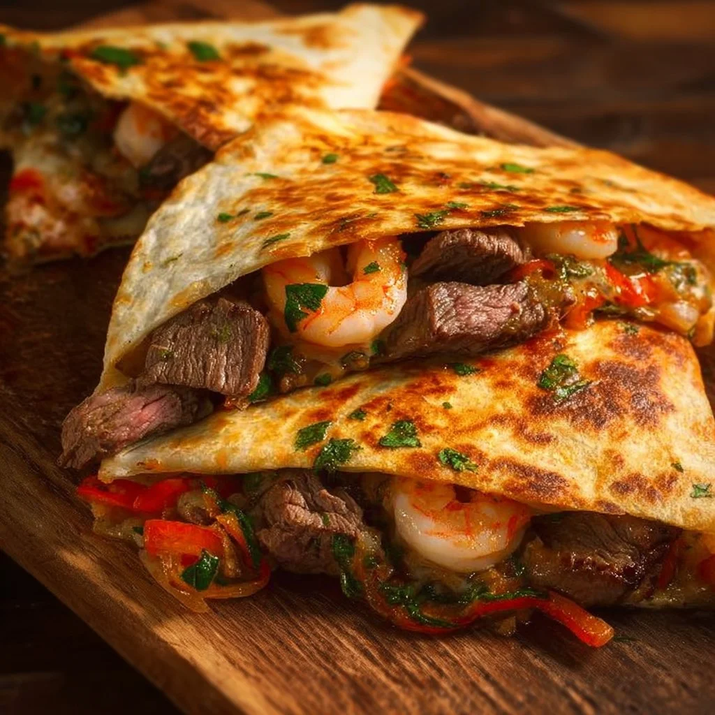 Delicious Creole Steak and Shrimp Quesadillas with melted cheese and spices