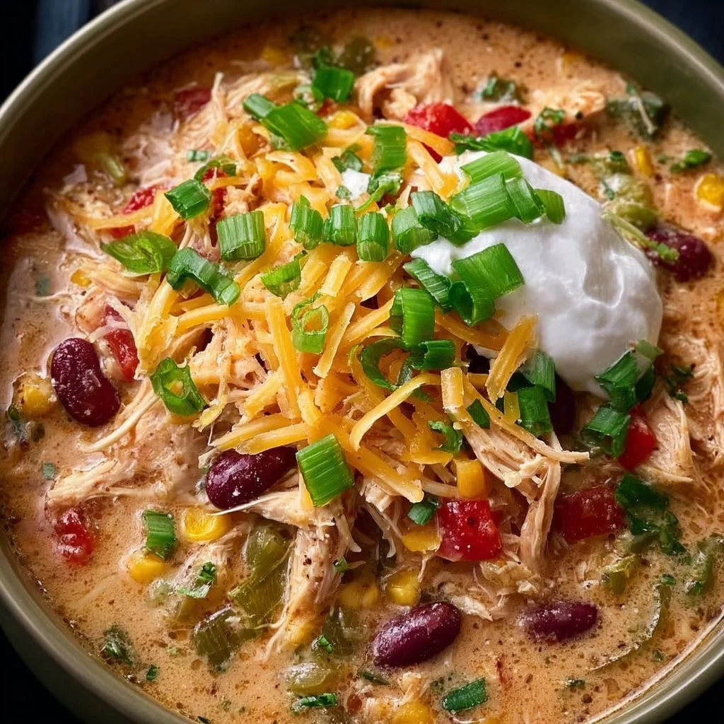 Bowl of creamy crockpot chicken chili with cream cheese and toppings