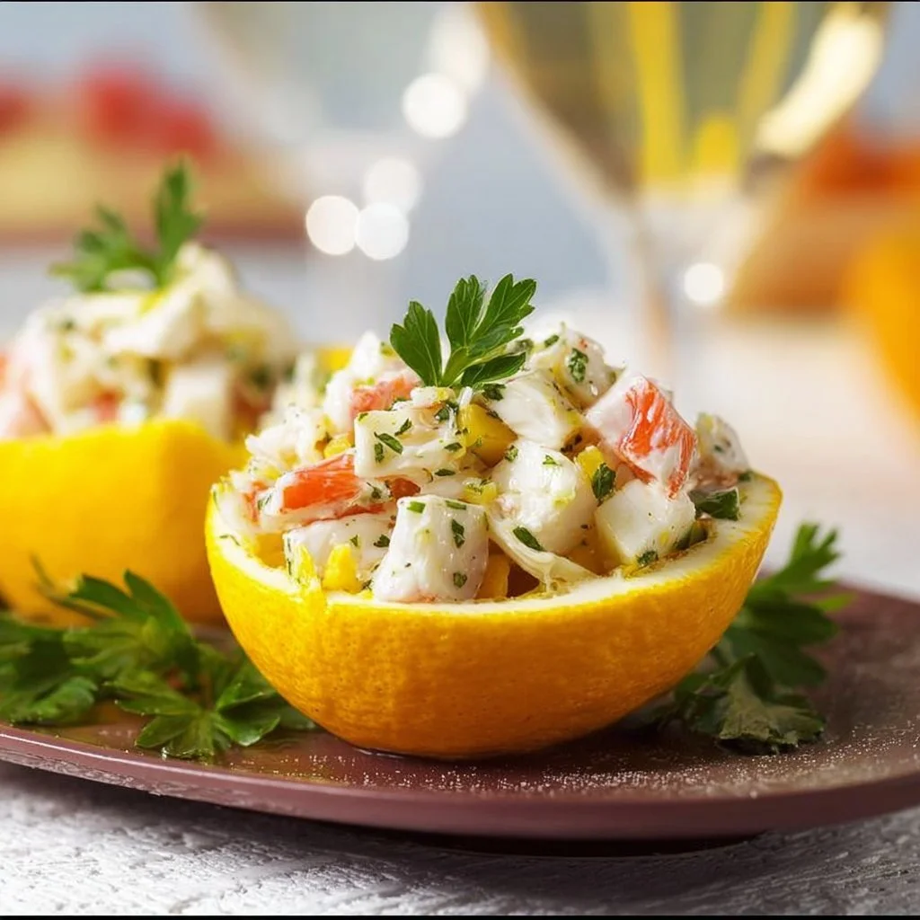 Delicious crab salad served in a bowl with fresh ingredients and herbs
