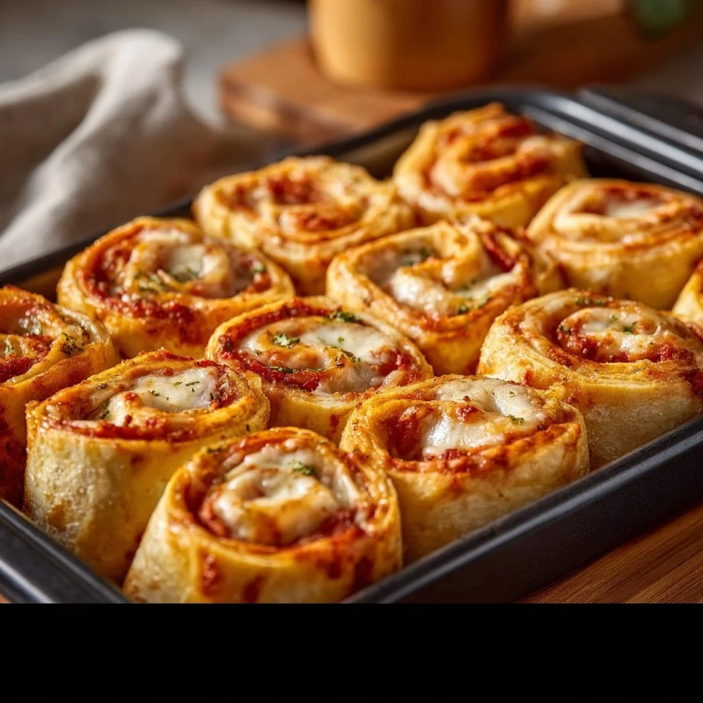 Delicious pizza roll-ups topped with cheese and pepperoni on a wooden cutting board.