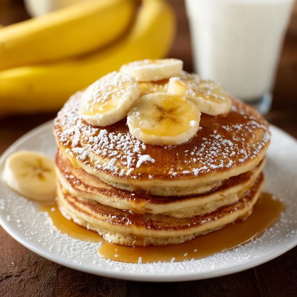 Fluffy brown sugar banana pancakes stacked on a plate with syrup