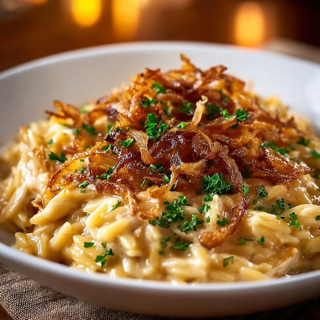 French onion chicken orzo casserole topped with melted cheese