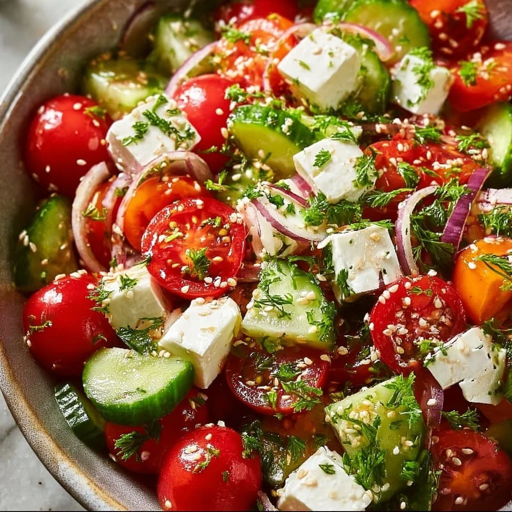 Greek cucumber tomato feta salad with fresh vegetables and feta cheese