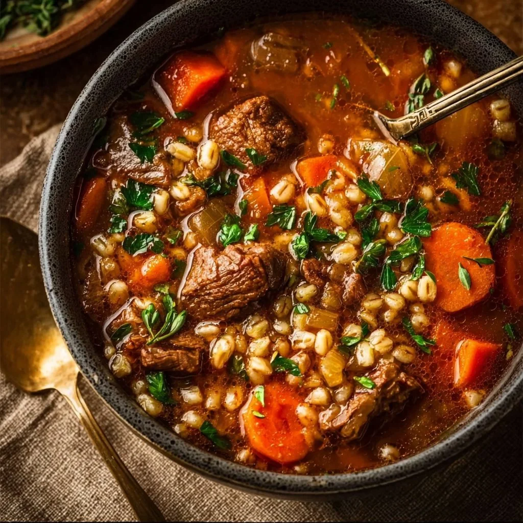 Bowl of hearty beef barley soup with vegetables and herbs