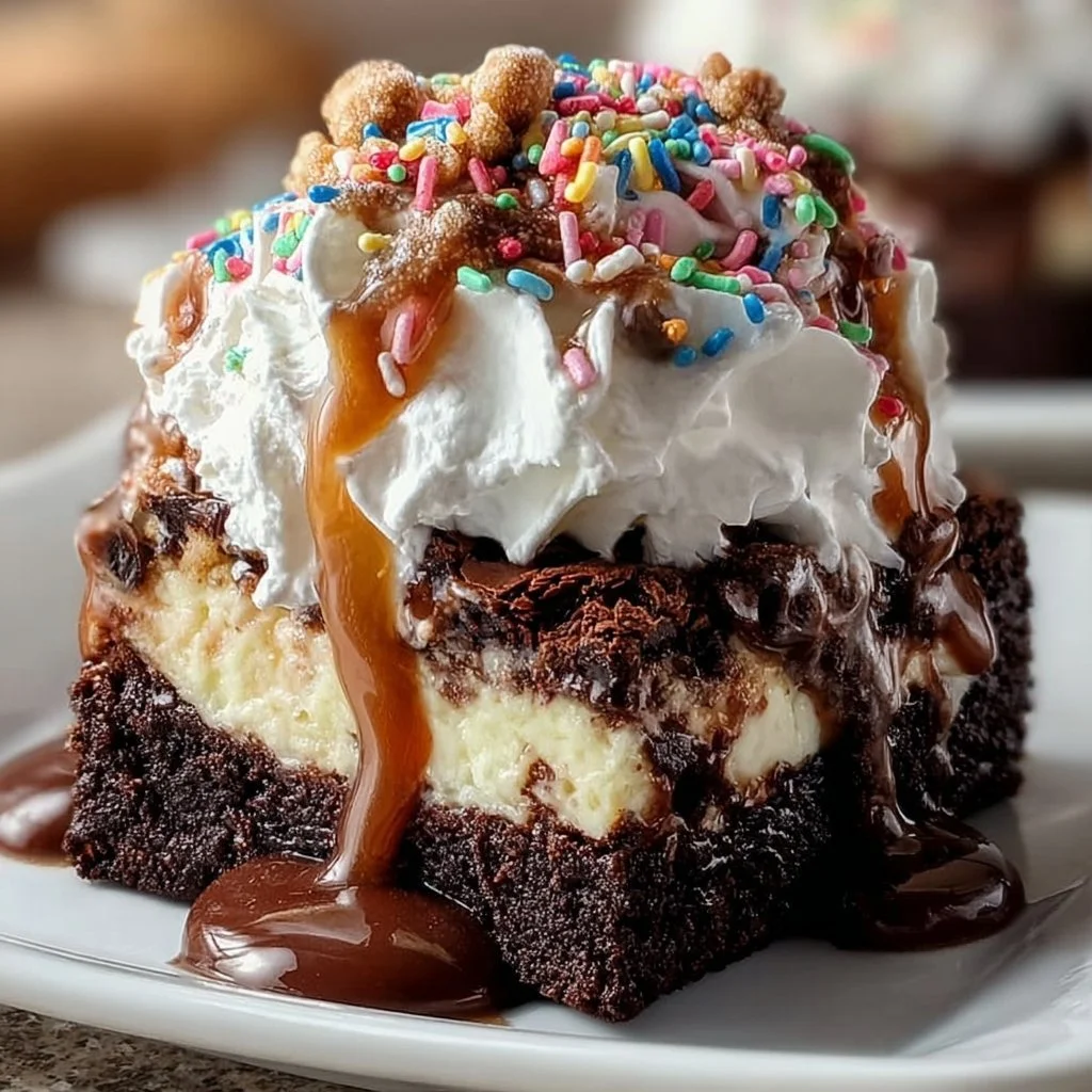 Heavenly hot fudge sundae brownie topped with ice cream and chocolate drizzle