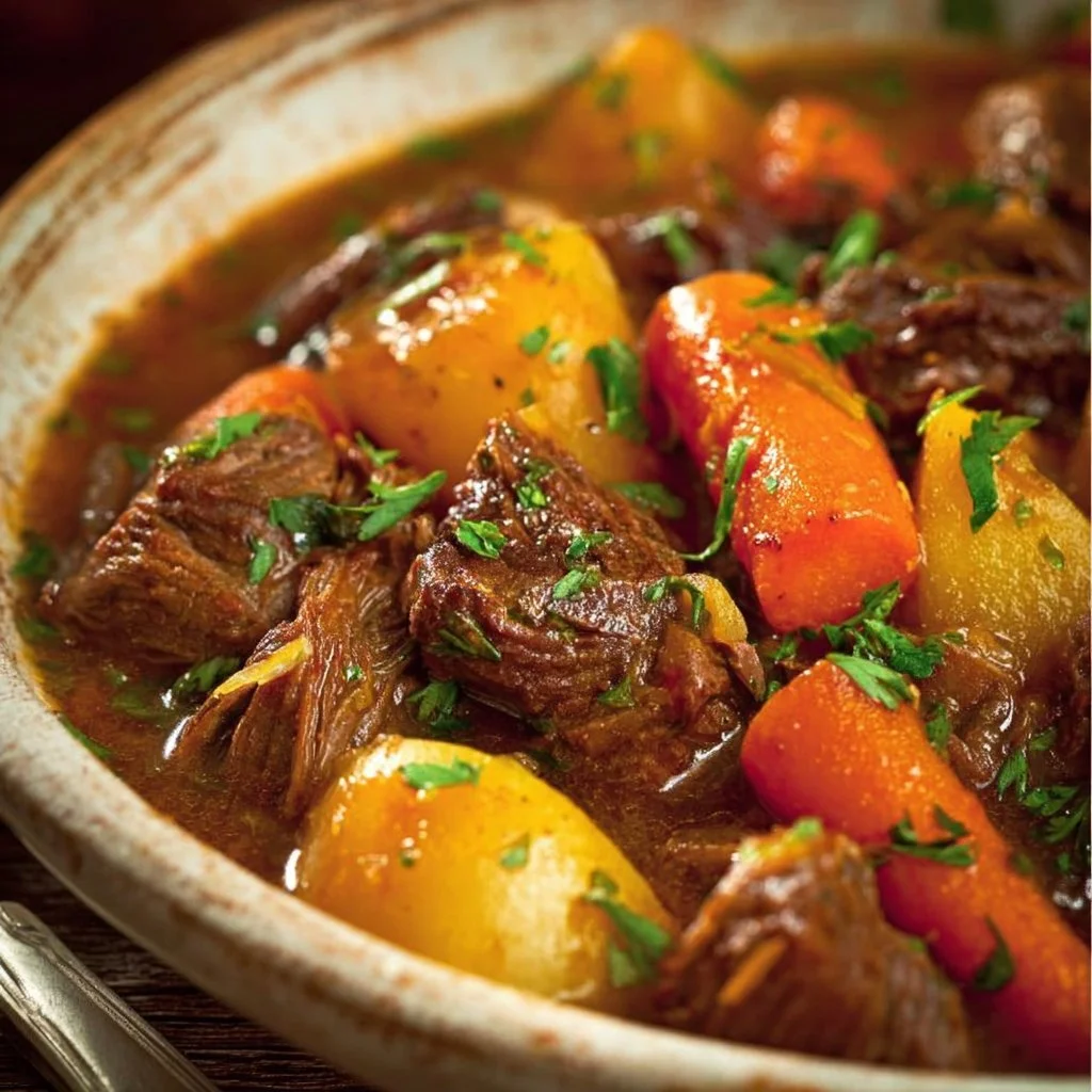 A hearty bowl of Irish beef stew garnished with fresh parsley on a rustic table.