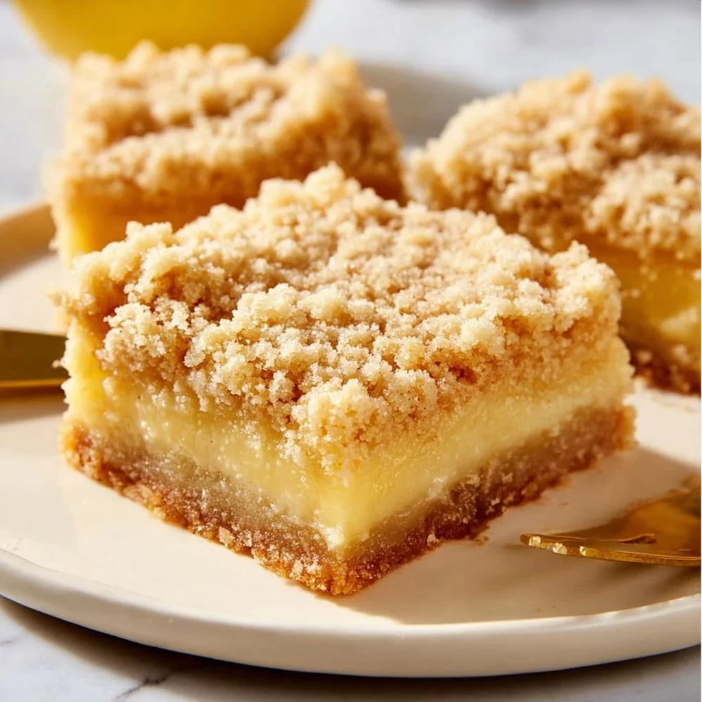 Delicious lemon crumb bars on a white plate with a lemon slice garnish