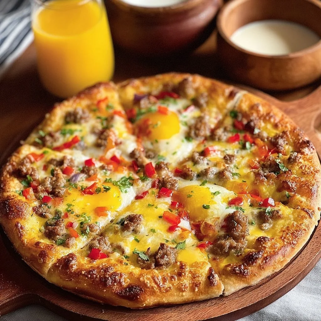 Delicious breakfast pizza loaded with eggs, sausage, and fresh toppings.
