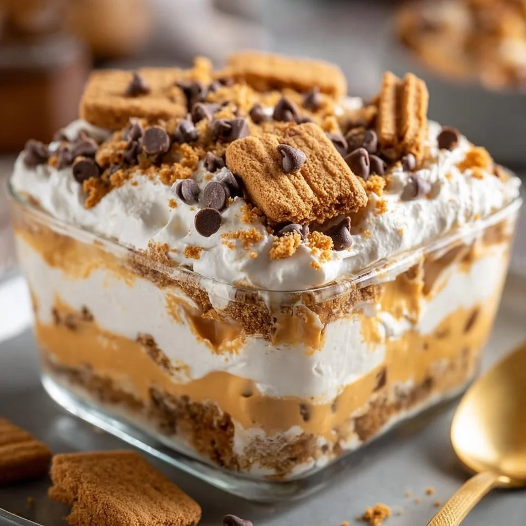Peanut Butter Layered Delight dessert showcasing creamy layers and a rich texture.