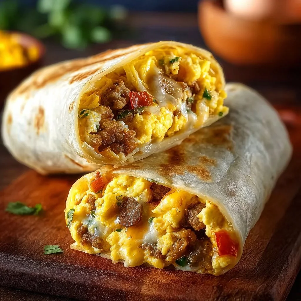 Delicious sausage egg breakfast burritos served on a plate