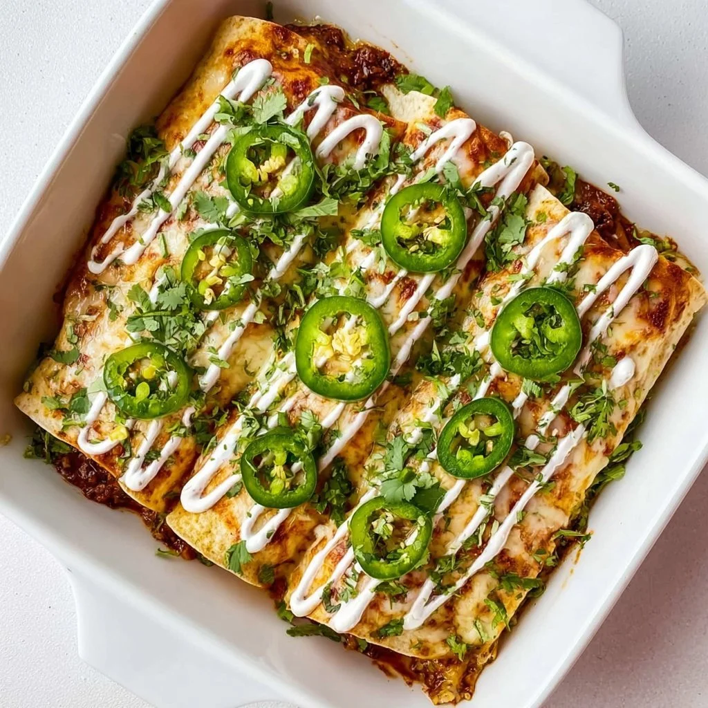 Delicious shredded beef enchiladas topped with cheese and served with salsa.
