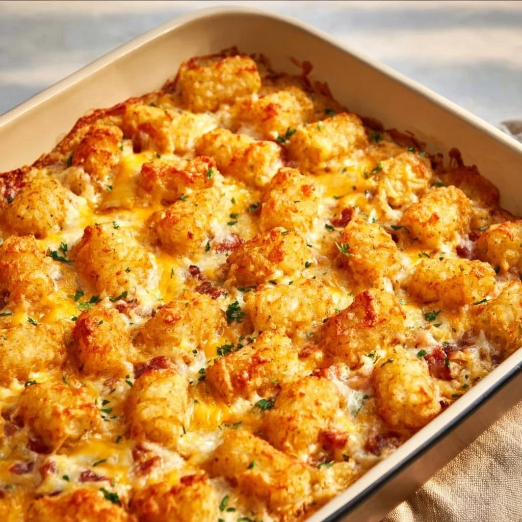 Delicious Cracked Out Chicken Tater Tot Casserole topped with crispy tater tots