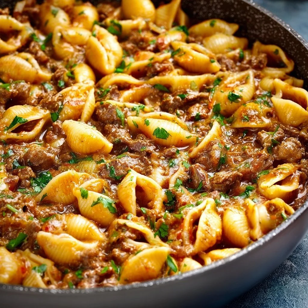 Creamy beef and shells pasta dish with cheese and herbs