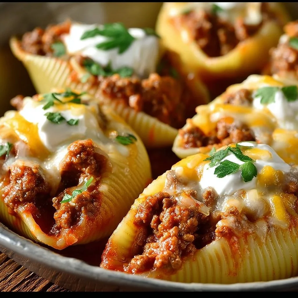 Creamy beef taco stuffed shells served in a white dish with toppings
