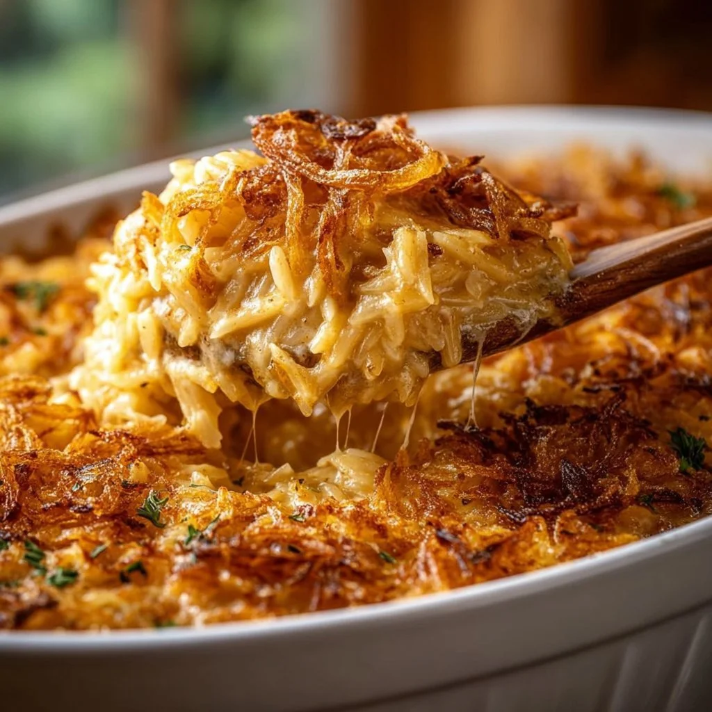 Delicious French onion chicken orzo casserole ready to serve in a baking dish.