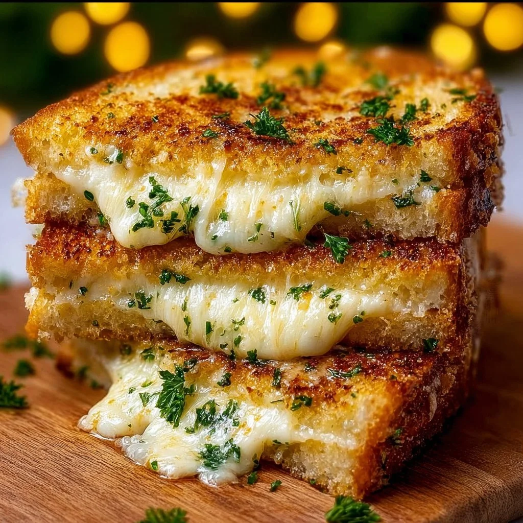 Delicious garlic bread grilled cheese sandwich with melted cheese and golden crust
