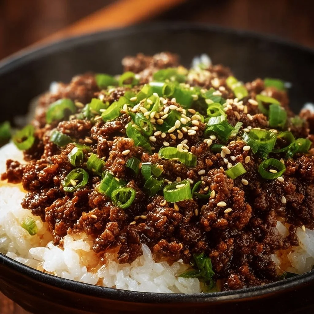 Delicious Korean Ground Beef Bowl garnished with green onions and sesame seeds