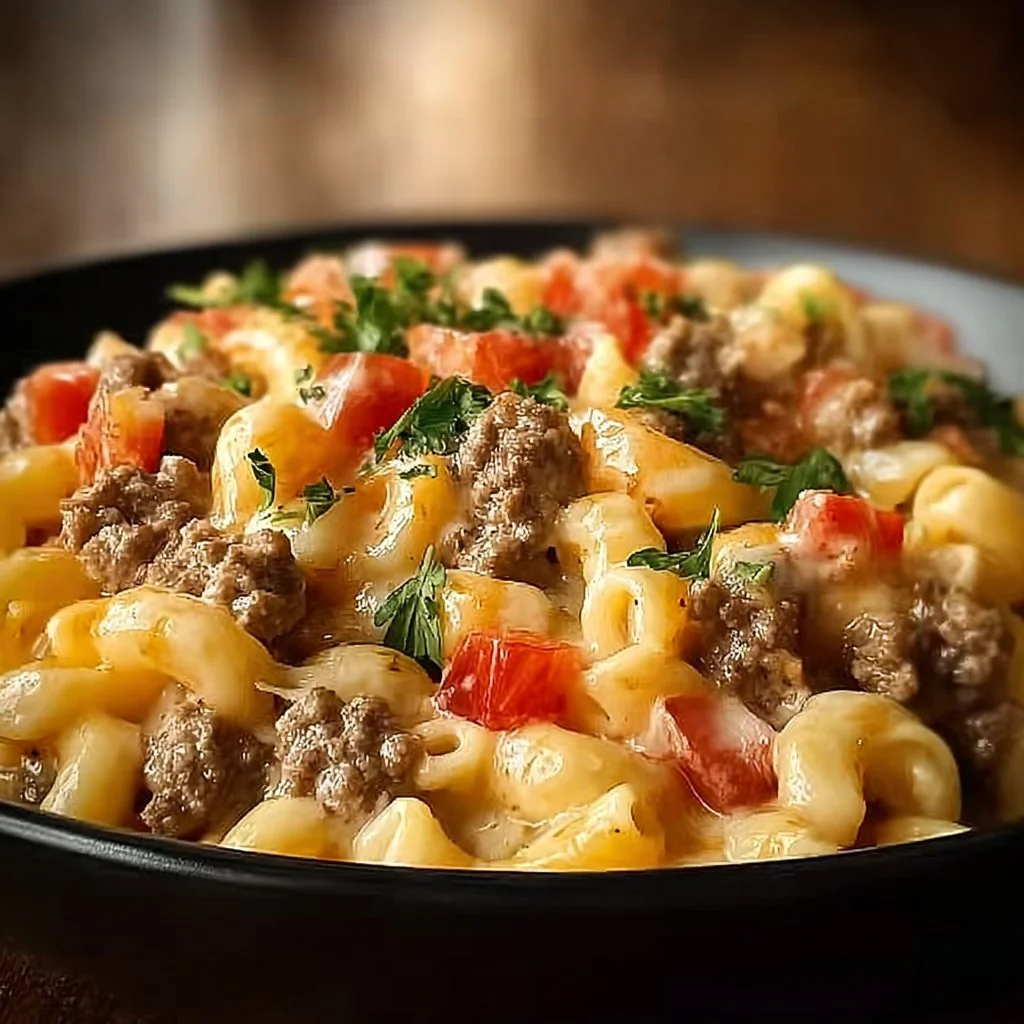 Delicious Loaded Cheeseburger Alfredo Pasta topped with cheese and fresh herbs