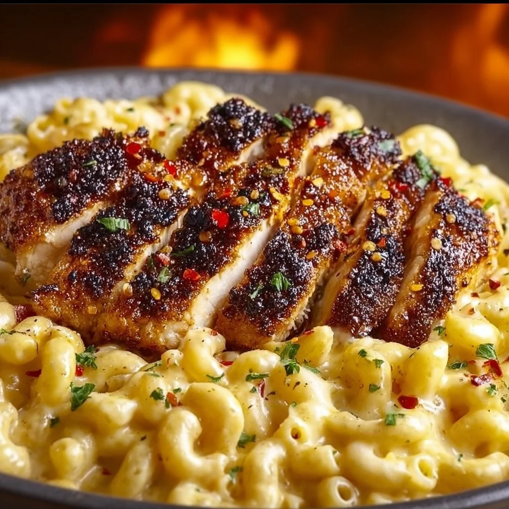 Sweet and spicy honey pepper chicken served with creamy mac and cheese