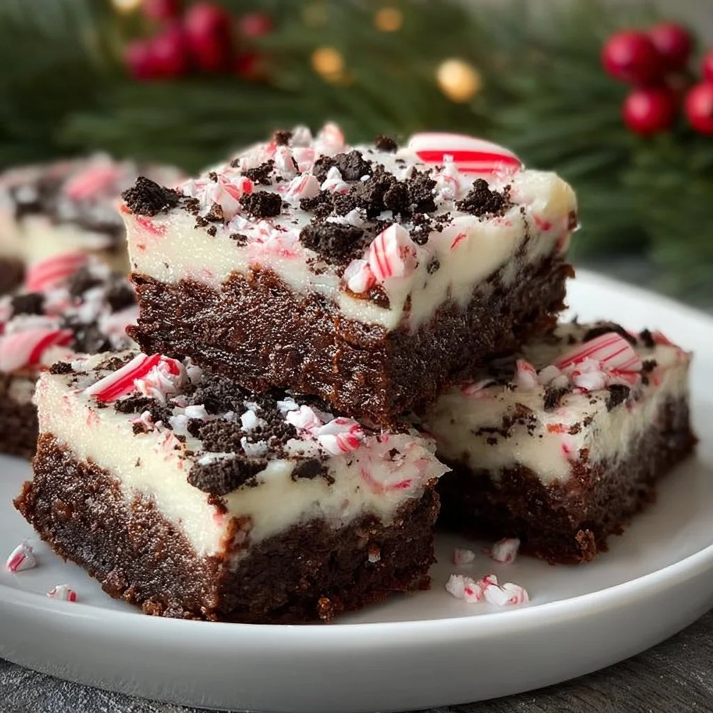 Peppermint holiday bars decorated with festive sprinkles and a candy cane on top.