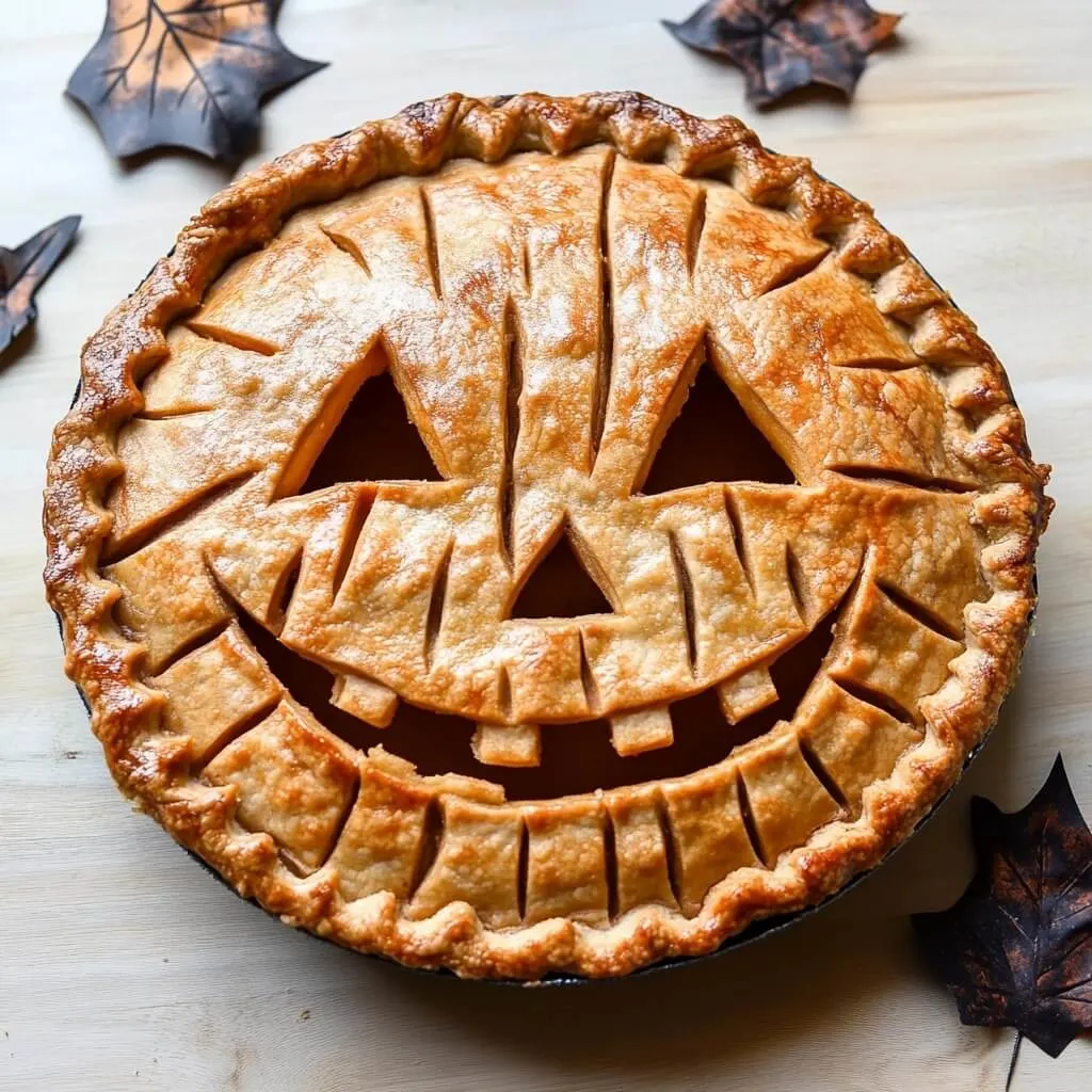 A baked pumpkin pie featuring a carved Jack-o'-lantern face, surrounded by decorative fall leaves.