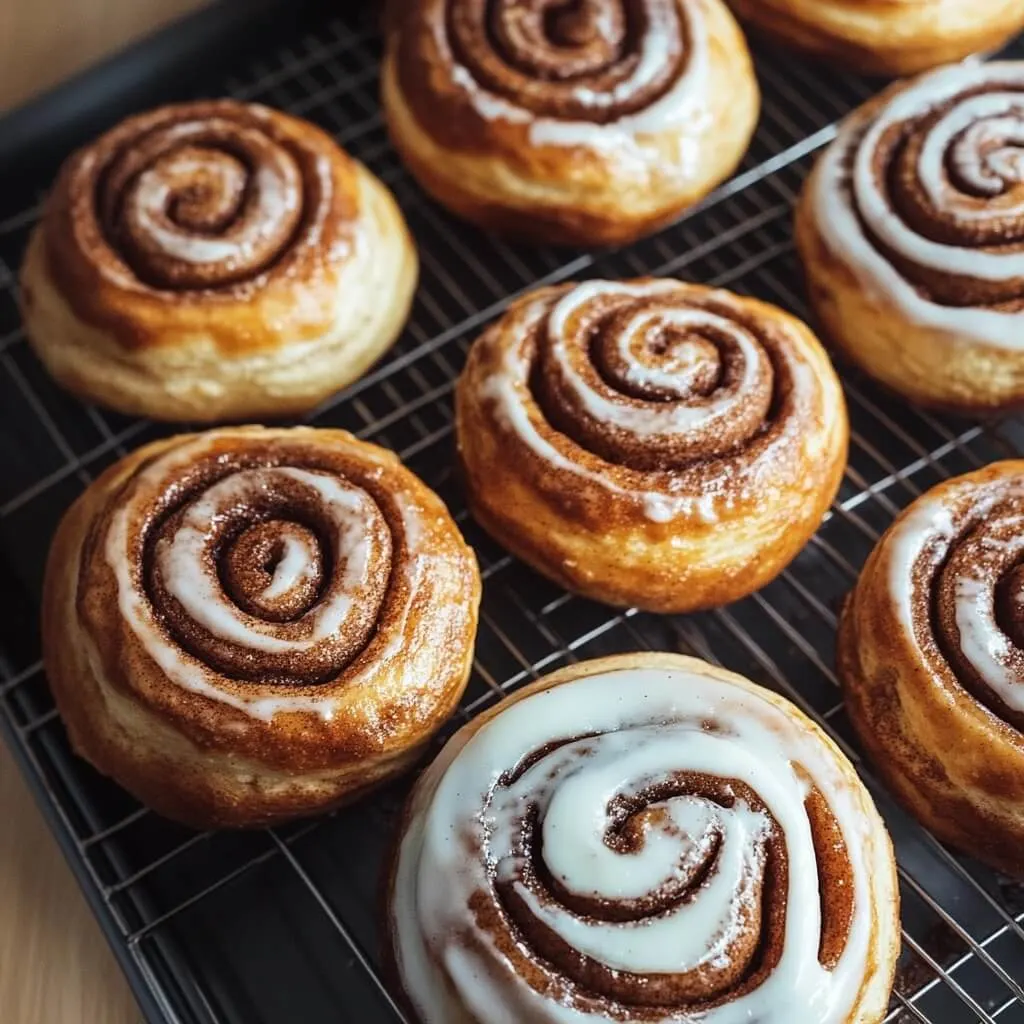 A batch of cinnamon swirls with icing glaze, cooling on a wire rack.