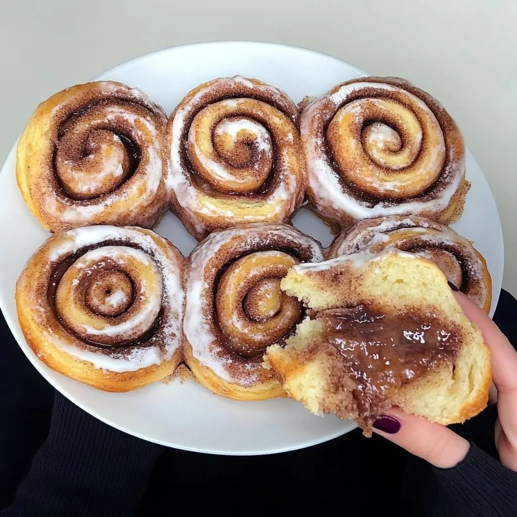 A plate of cinnamon swirls, with one swirl bitten into to reveal a gooey center.