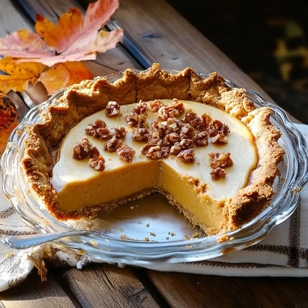 A pumpkin pie with candied walnuts on top, set on a rustic wooden table with autumn leaves.