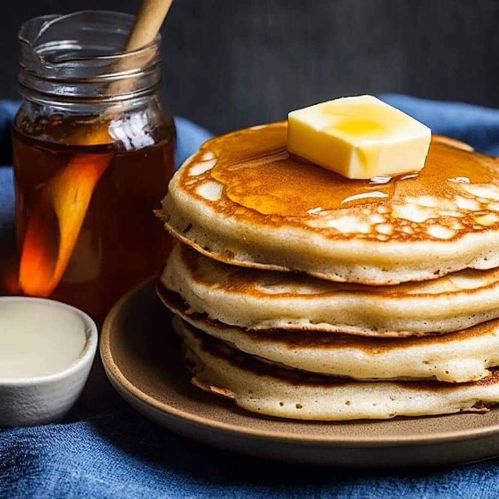 A stack of fluffy pancakes topped with a pat of butter and drizzled with maple syrup, served with honey on the side.