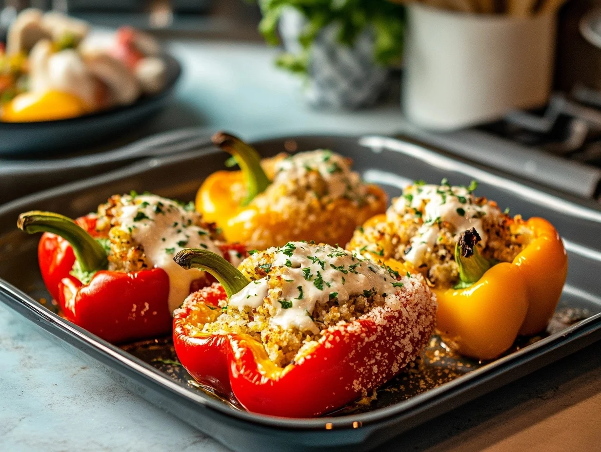 mediterranean rice and bean stuffed peppers