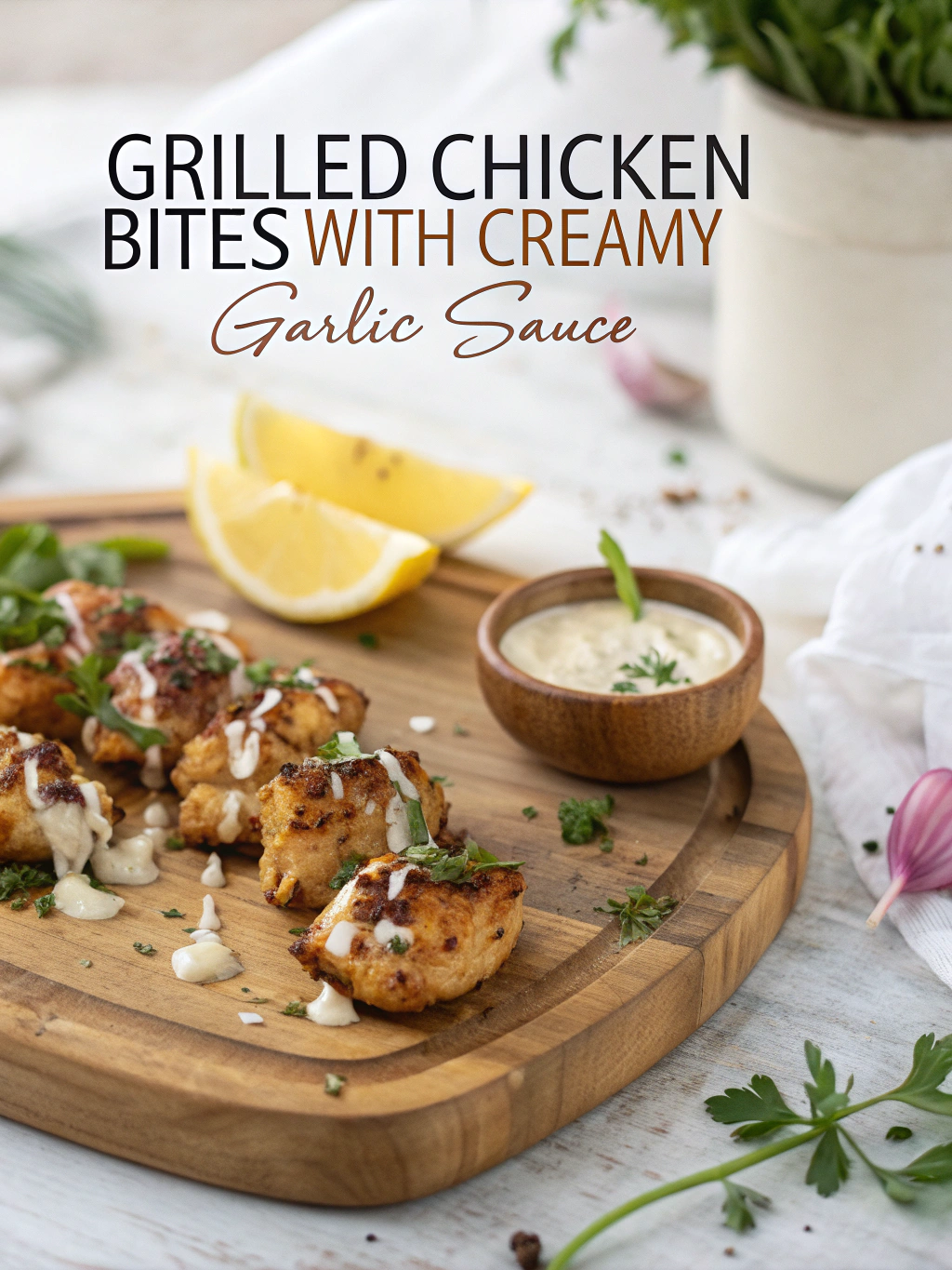 grilled chicken bites with creamy garlic sauce