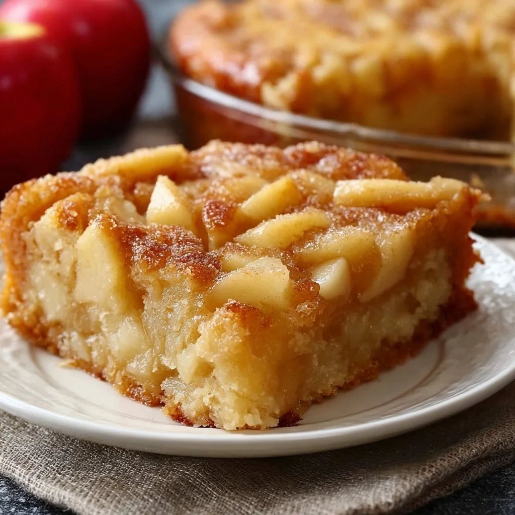 Delicious 3 ingredient apple cake topped with fresh apple slices.