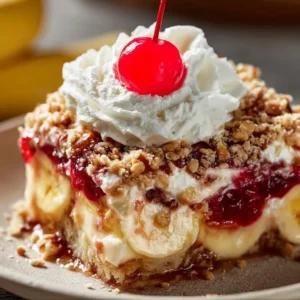 Deliciously prepared Banana Split Dump Cake topped with fruits and whipped cream.