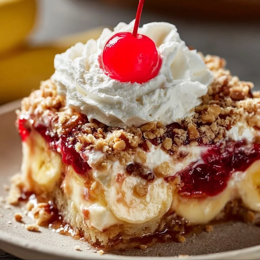 Deliciously prepared Banana Split Dump Cake topped with fruits and whipped cream.