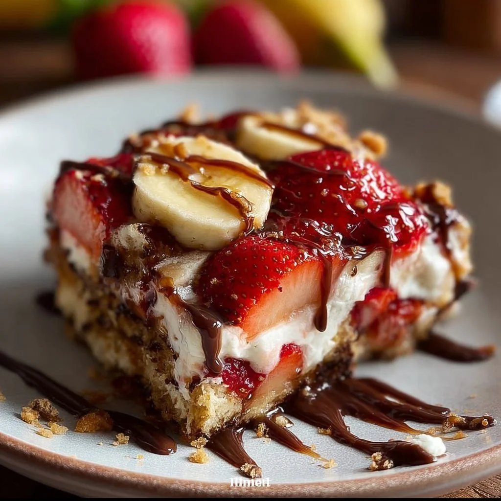 Banana Split Dump Cake dessert with chocolate and vanilla ice cream