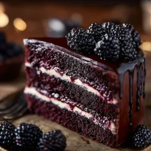 Sliced Blackberry Velvet Gothic Cake showcasing its rich layers and deep color