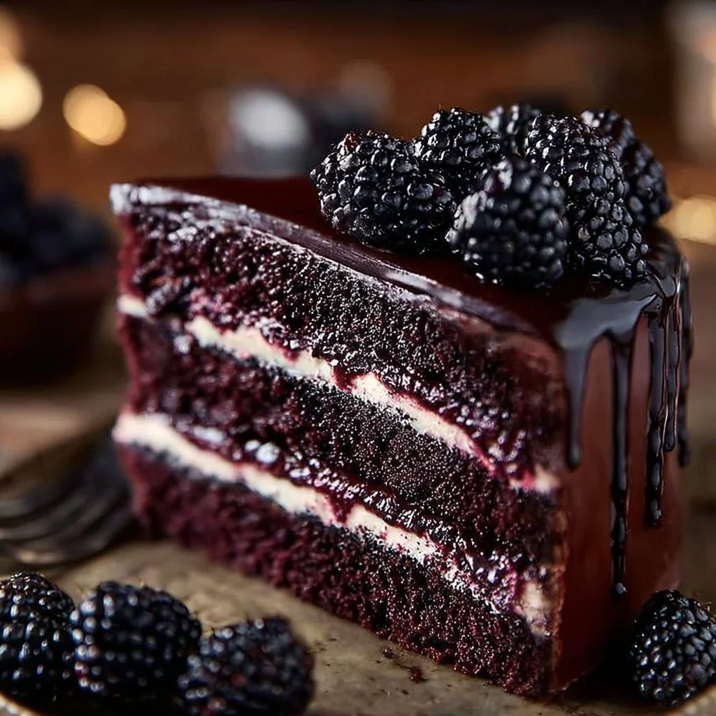 Sliced Blackberry Velvet Gothic Cake showcasing its rich layers and deep color