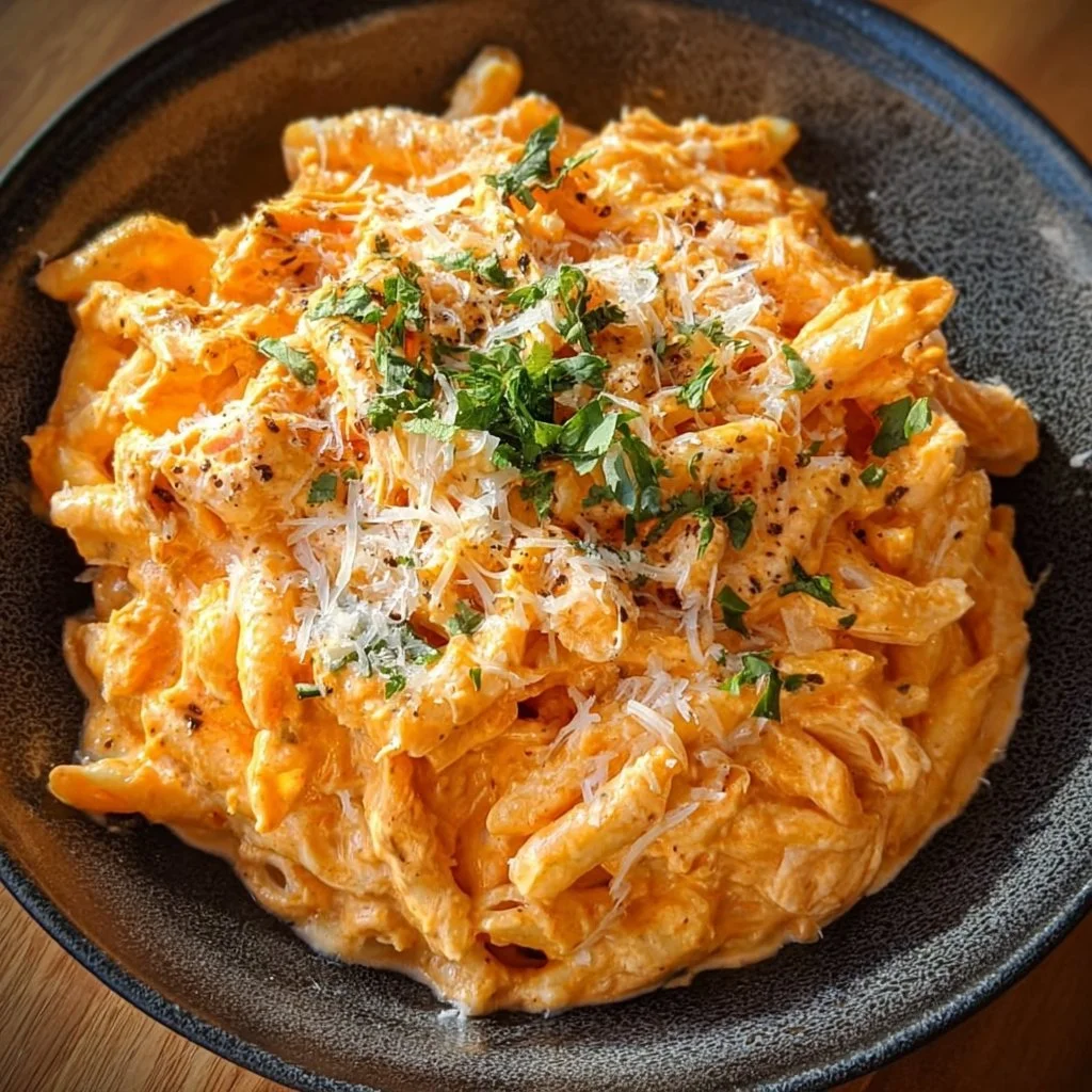 Creamy Buffalo Chicken Alfredo Pasta topped with chicken and herbs