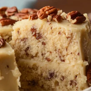 Slice of homemade Butter Pecan Cake with pecans and frosting on a plate