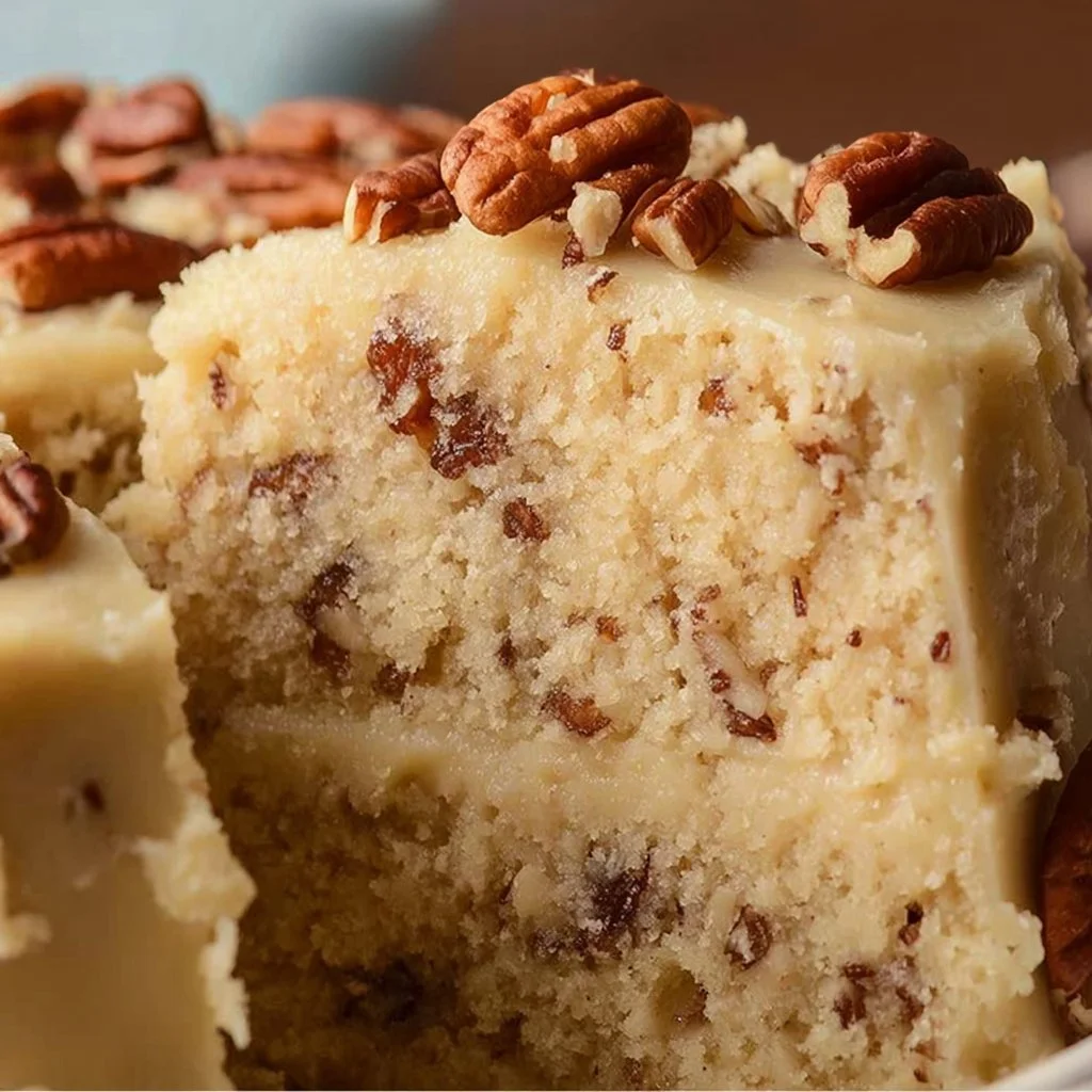 Delicious Butter Pecan Cake topped with caramel and pecans, served on a plate.