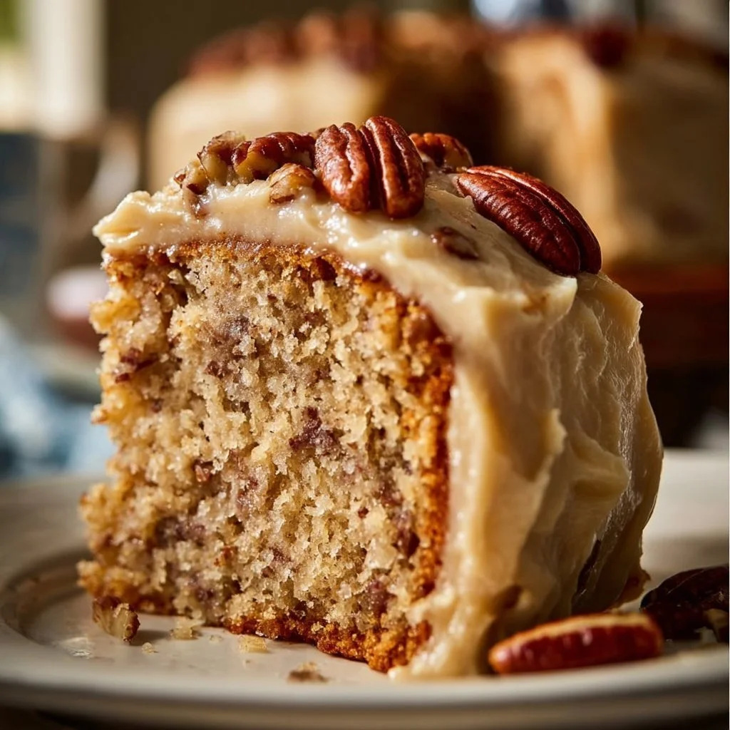 Delicious Butter Pecan Cake layers with nuts and cream frosting