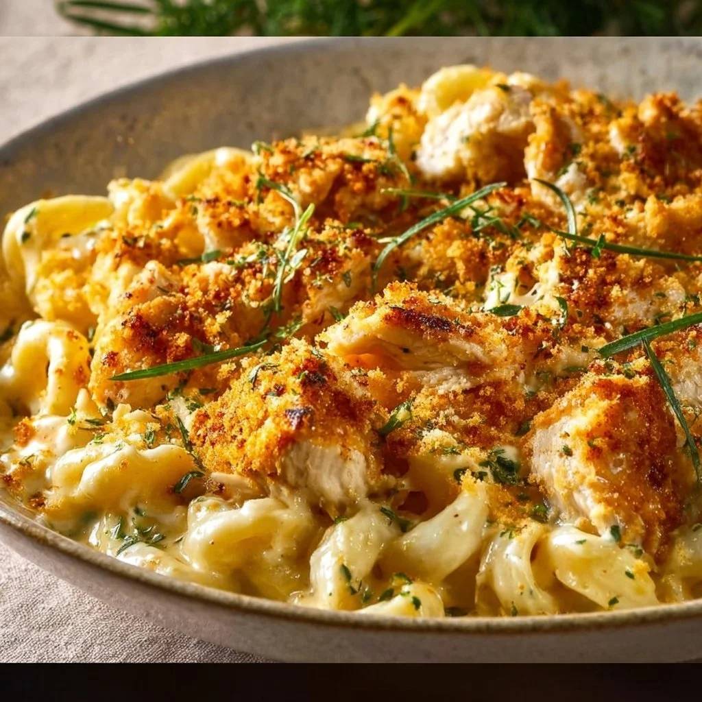 A delicious serving of Cajun Chicken Mac and Cheese topped with herbs and spices.