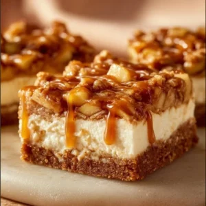 Delicious caramel apple cheesecake bars served on a platter.