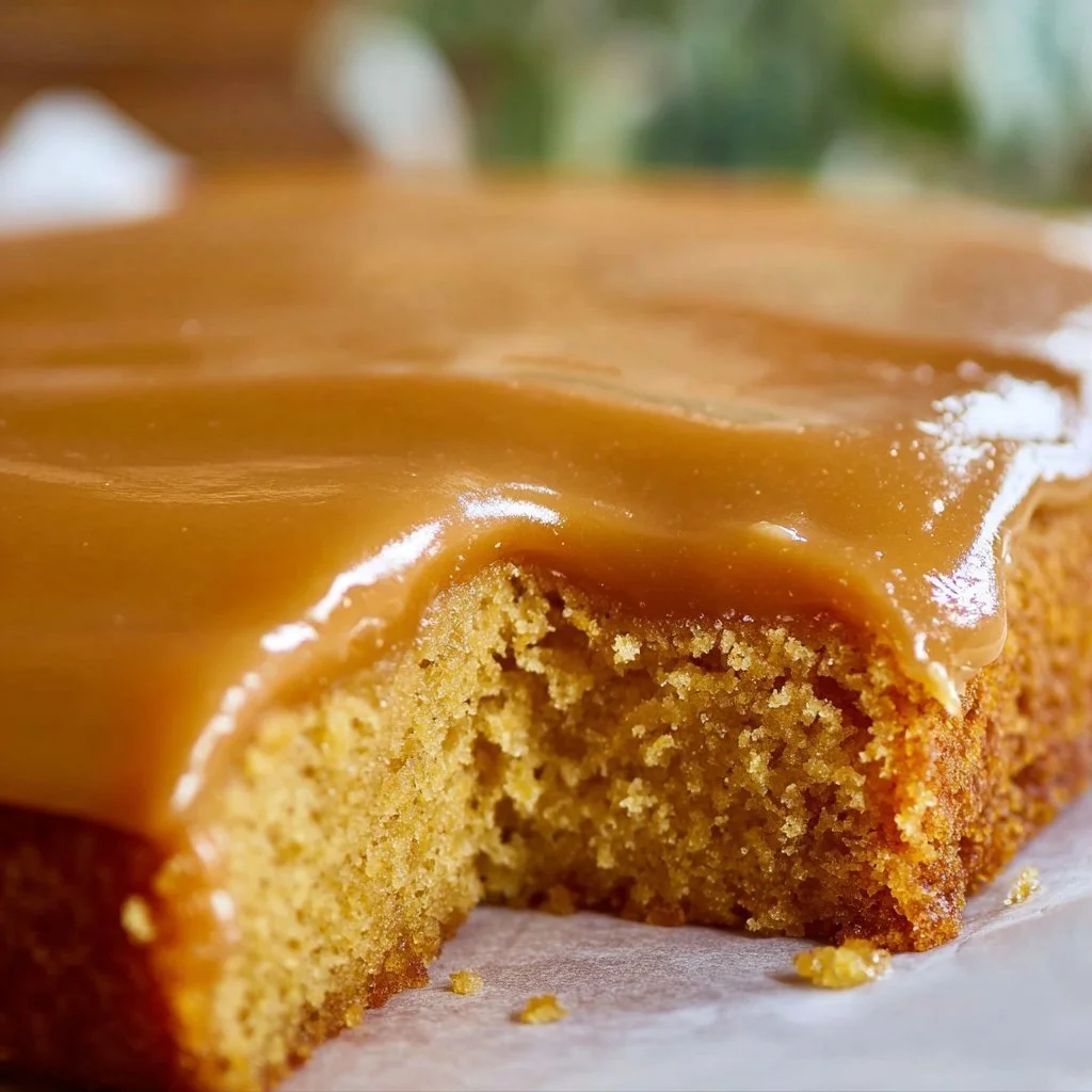 Delicious caramel cake with smooth caramel icing on top